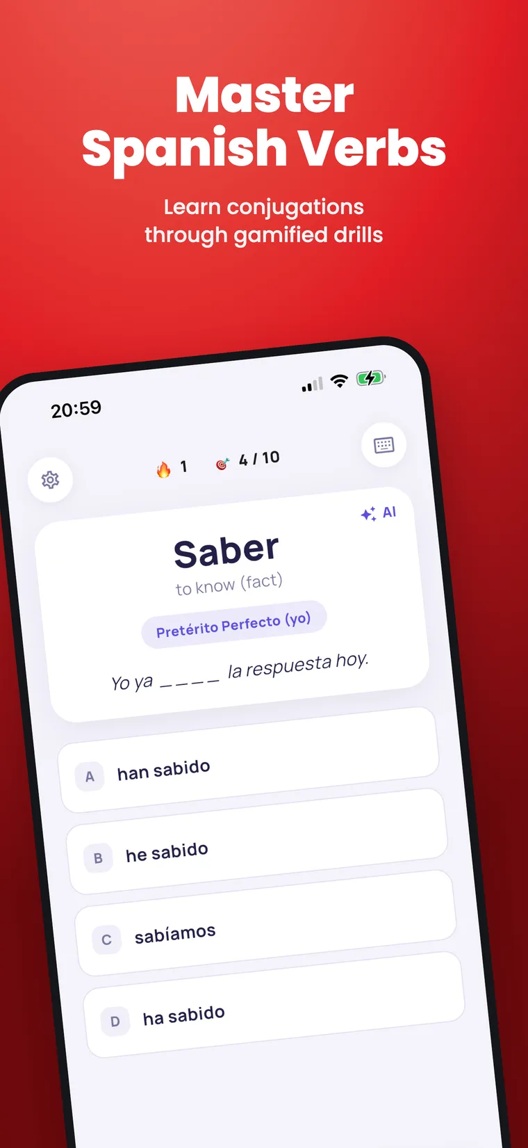 Pantalla del entrenador: elige la forma correcta de saber en pretérito perfecto