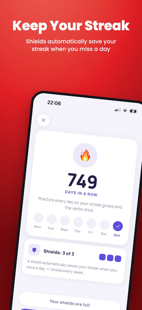Pantalla de la racha: 749 días seguidos y escudos